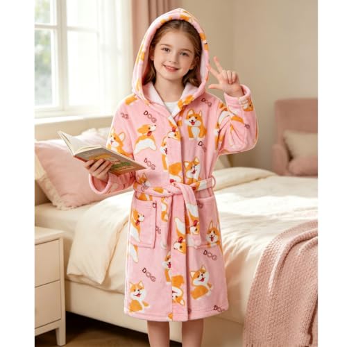 Image of Kids Bathrobe Hooded Plush Fleece Robe for Girls Boys