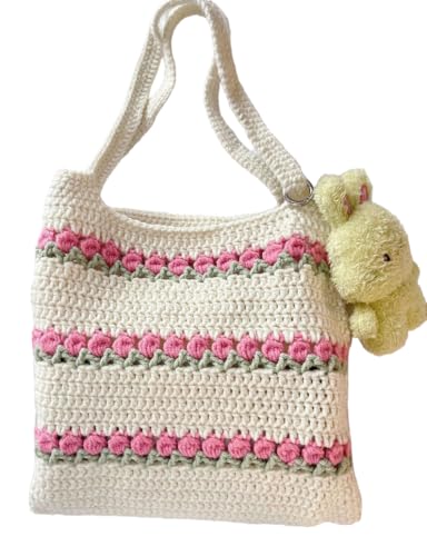 Image of I.F.H Handmade Crochet Tote Bag for Women, Floral Cotton Shoulder Bag, Knitted Crochet Handbag, Lightweight Bohemian Tote Purse for Shopping, Travel & Daily Use