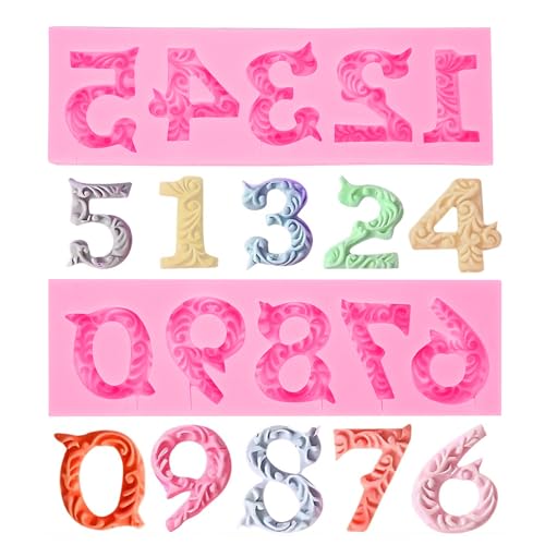 YunKo 2Pack Silicone Fondant Number Molds 0-9 3D Embossed Fondant Chocolate Clay Mold with Stick Hole for Decorating Cake Candy Chocolate DIY Cake Decorating