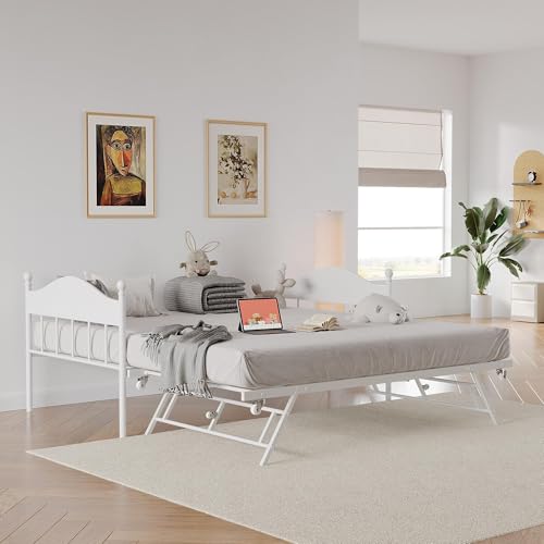 Image of Garvee Twin Daybed with Trundle, Twin Bed Frame with with Stylish Headboard | Sofa BedFrame with Pop Up Foldable Trundle Bed, Heavy Duty Steel Slats Platform for Bedroom and Guest Room, White