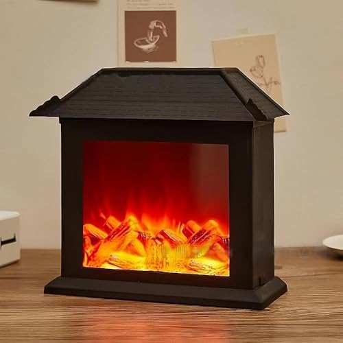 Image of Small Cozy Fireplace Lantern Traditional Realistic Log Wood Burning Flame Effect Ligh LED Charcoal Style Table LampFor Indoor & Outdoor Use