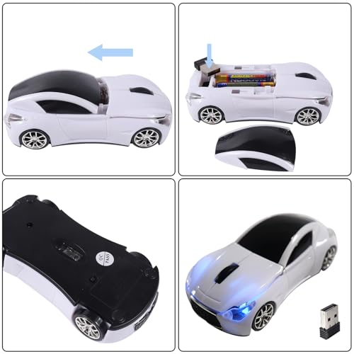 Image of elec Space Wireless Mini Mouse with Case - Cute Sports Car Shape, Lightweight & Portable, 10m Range, Plug and Play (White)