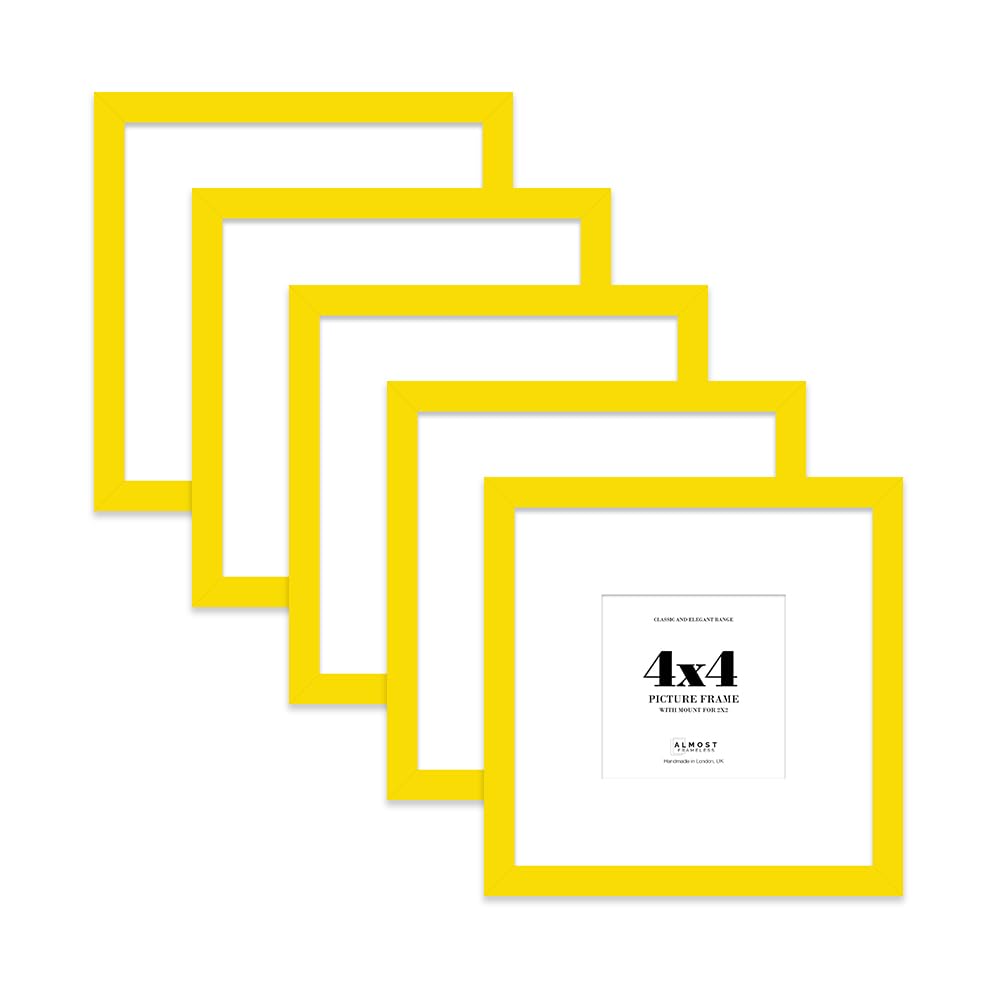 4x4 Yellow Picture Frame with Mount for 2x2 Photos, Prints - Modern Square Wall Frame, Set of 5