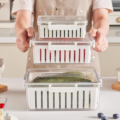 Kit com 3 Organizadores Herméticos para Geladeira e Cozinha - Potes com Cestos Internos para Lavar, Escorrer e Armazenar Frutas, Verduras e Legumes, Acrílico Livre de BPA (830ml, 2100ml e 4100ml)