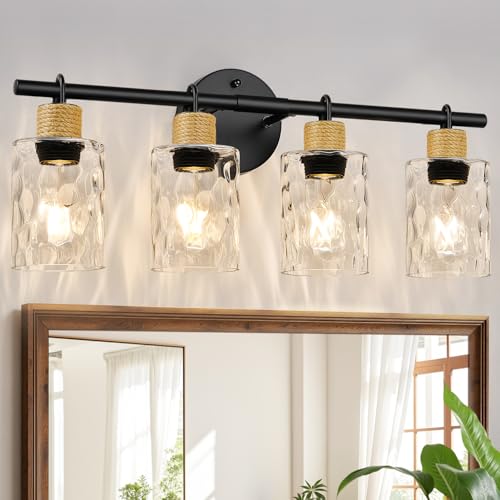 Image of MOKATNG Bathroom Light Fixtures, 4-Light Coastal Vanity Lights with Crystal Glass Shade, Black Bathroom Wall Lamp for Mirror Kitchen Hallway Cabinet