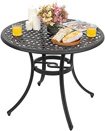 Nuu Garden 36 Inch Round Bistro Table with Umbrella Hole, Outdoor All Weather Patio Dining Table in Floral Patterns, Black with Antique Bronze at The Edge