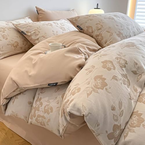 Homxi Juego de Funda Nórdica 3 Piezas, 160x210cm, Bajera 120x200cm, 1 Funda de Almohada, Patrón de Flores y Rama de Hojas, Algodón Suave, Caqui Claro