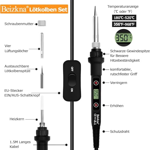 Lötkolben Set 80W LCD Einstellbar Temperatur 180-520°C Lötkolben mit Ein/Aus Schalter, 50g Lötdraht, 5 Lötspitzen, Entlötpumpe, Lötkolbenständer, Pinzette, Lötset für Elektrische Arbeiten