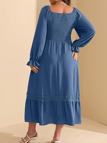 RWJ Women's Plus Size Fall Dresses Long Sleeve Square Neck Flowy Lace Trim Flutter Wedding Guest Party Casual Dress3