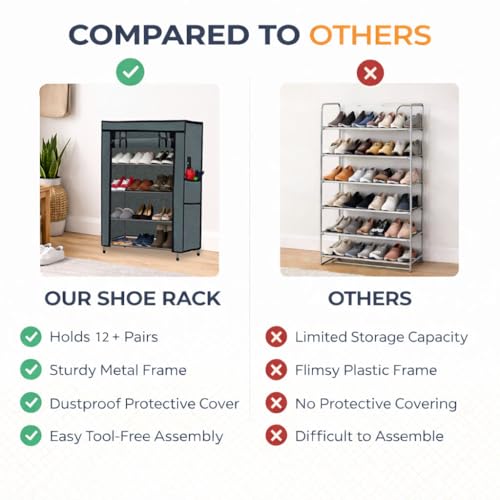 Image of Metal Shoe Stand with Cover, 4 Tier Shoe Organizer for Home & Office - Grey