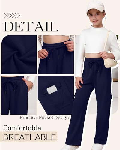 3 Pack Girls Cargo Sweatpants Kids Wide Leg High Waist Drawstring Pants Casual Baggy Athletic Trousers (Ages 5-14)4