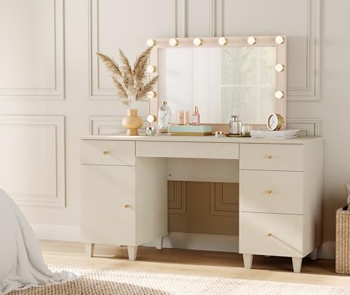 Image of WAMPAT Desk with Drawers & Storage Cabinet, 58 Inch Beige Wood Desk with Charging Station, Modern Home Office Large Wooden Executive Computer Desk, Vanity Desk for Bedroom