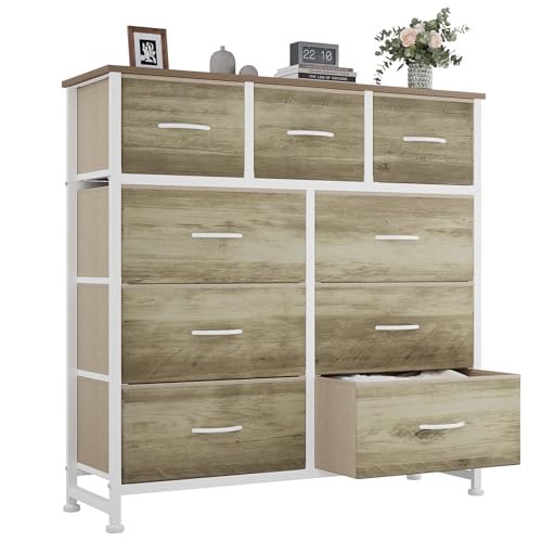 Image of OLIXIS 9 Drawer Tall Dresser for Bedroom, Closet Organizers and Storage | Fabric Dresser with Wooden Top, Chest of Drawers for Clothes Storage, Tower Cabinet, Furniture, TV Stand, Oak Greige