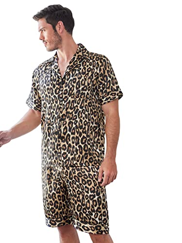 OYOANGLE Men's 2 Piece Leopard Print Stain Short Sleeve Button Front Shirt and Shorts Pajama Set2