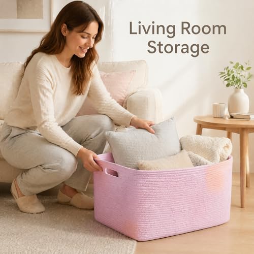 Image of Cotton Rope Laundry Basket Extra Large, 22.8GAL Collapsible Woven Storage Baskets for Living Room Kids Toys Stuffed Animal,Boho Rectangular Decorative Hamper for Dirty Clothes, Blankets Light Pink