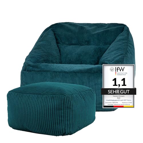 Icon Natalia Sitzsack Sessel mit Hocker für Erwachsene, Blaugrün, Flauschiger Cord Stoff, Riesen Sitzsack Cord mit Füllung, Bean Bag Chair, Bequemer Sessel Wohnzimmer, Lounge, Schlafzimmer, Büro