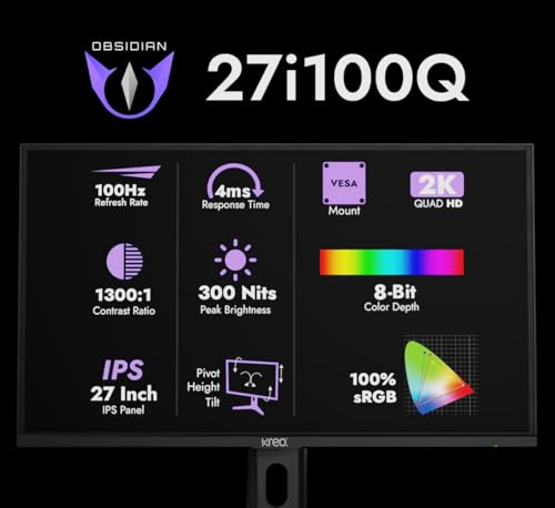 Image of Kreo Obsidian 27I100Q 27″ QHD IPS Monitor | 2560x1440, Factory sRGB Calibrated, 100Hz, Height Tilt, HDMI + DP | Eye Care Productivity Display