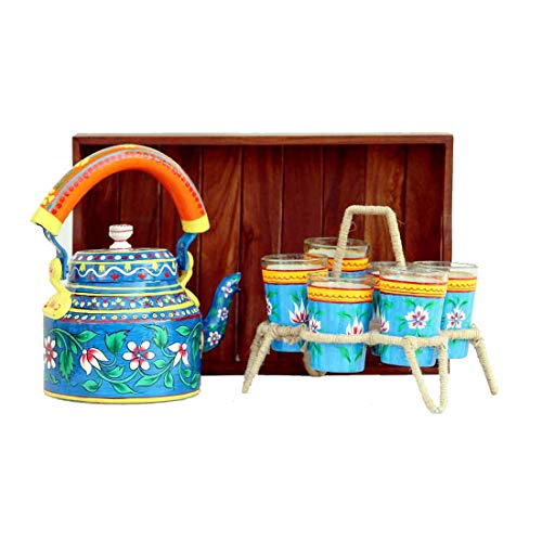 手描きの最高の絵画アートケトルキッチンティーセット伝統的なインド|手描きのアルミニウムケトル、6つの手描きのガラス、鉄ロープスタンド、茶色の天然木トレイ（マルチカラー）-9個のセットのサムネイル