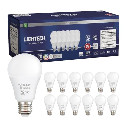 A19 LED Light Bulbs, 12 Pack, 60W Equivalent, 9W Daylight 5000K LED Light Bulb, 810 LM, Bedroom, Living Room, Office, Garage, Daylight LED Light Bulbs, Light Bulbs, Non-Dimmable, E26, UL Listed