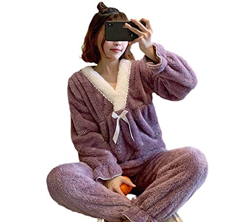 Pyjama femme hiver en flanelle chaude et polaire corail à volants