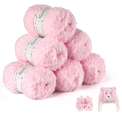 ilauke Fluffy Yarn 6x50g, Pink Fluffy Wool for Knitting, Flutterby Chunky Yarn for Crochet, Soft Wool for Blanket, Baby Clothes, Dolls, Rug