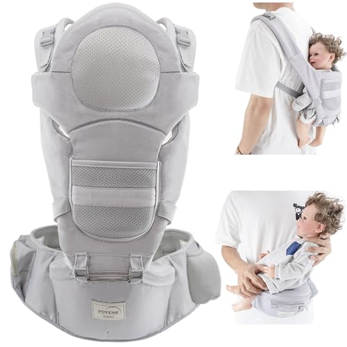 POVENK Baby Carrier with Hip Seat,6in1 Baby Carrier Newborn to Toddler,Head Support and Breathable Mesh Newborn Carrier,Adjustable Size for Enhanced Lumbar Support, Perfect for On-The-go(110cm)