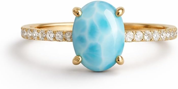 Natural Blue Larimar Oval Ring for Women 14K Yellow Gold Diamond Accent Solitaire Ring Vintage Style Engagement Ring Elegant Anniversary Promise Gift for Her