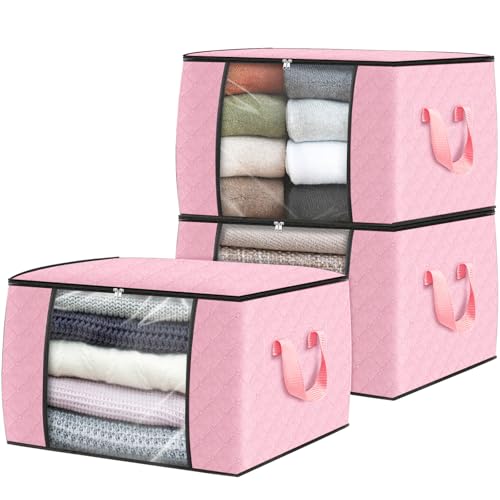 Image of Fab totes 3 Pack Clothes Storage, Foldable Thick Fabric Blanket Storage Bags, Containers for Organizing Bedroom, Closet, Clothing, Comforter, Organization with Handle,Pink