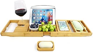 Bathtub Caddy Tray for Tub,Foldable Bamboo Bath Table Tray with Book and Wine Glass HolderBath Tub Table Caddy with Extending Sides - Free Soap Dish