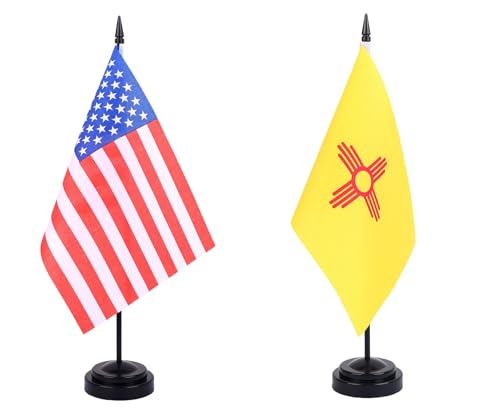 WXTWK 2 Pack USA New Mexico Flag Desk Flag Set - Mini Small New Mexico Table Office Flags with Black 12" Solid Pole Stand Base Classroom Meeting Desktop Decorations