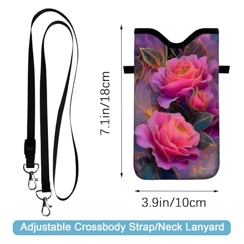 Image of Neoprene Cell Phone Sleeve Pouch Case Bag with Crossbody Strap Neck Lanyard for Women 7.1 X 3.9 in Beautiful Flowers