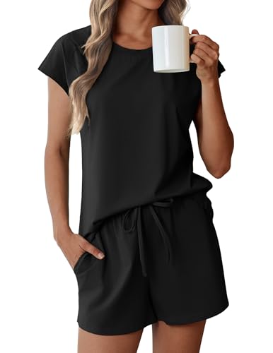 Image of Ekouaer Cotton Pajamas for Women Set 2 Piece Cap Sleeve Pjs Shorts Set Lounge Sets Sleepwear S-XXL