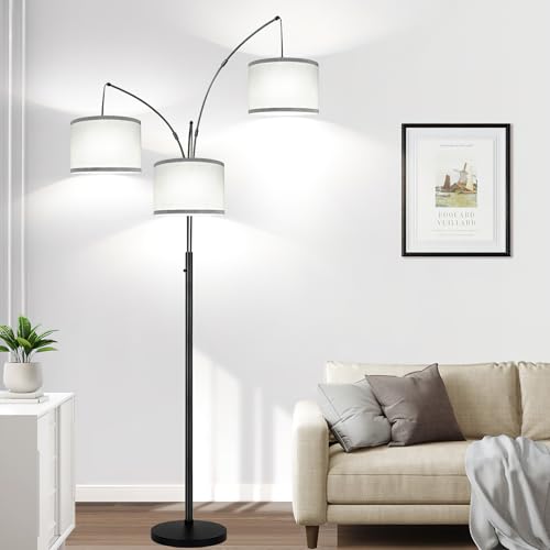 Dimmable Floor Lamp, 3 Lights Arc Floor Lamps for Living Room, Modern Tall Standing Tree Lamp with Gray Linen Shade & Heavy Base, Large Floor Lamp for Bedroom Office, 3x1000 LM LED Bulbs Included