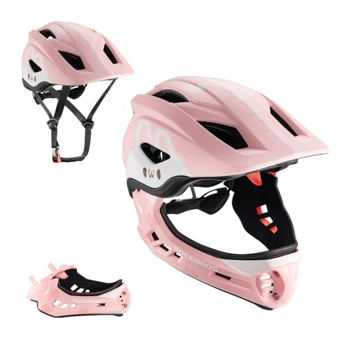 ROCKBROS Casque BMX d'enfant, Casques Intégral Vélo VTT, Casque Complet pour Garçon Fille Anti-Choc Menton Protection Détachable Rose S