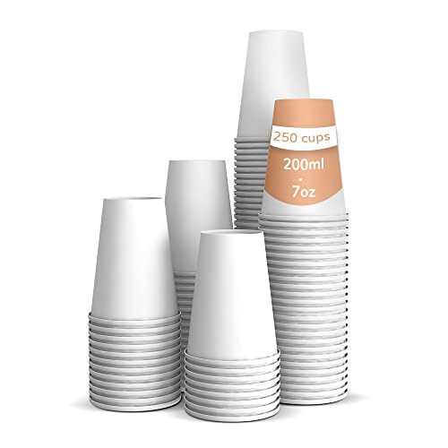 250 Vasos Desechables de Café para Llevar - Vasos de Cartón Blanco de 200ml Biodegradables Tazas de Te para Bebidas Frias y Calientes Compatible con Cafeteras Nespresso y Dolce Gusto Cover