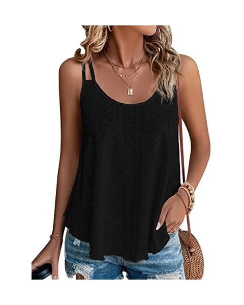 Rukle Womens Tank Tops Eyelet Embroidery Flowy Spaghetti Strap Swimsuit Beach Cover Up Loose Summer Trendy Sleeveless Cami,Black,L
