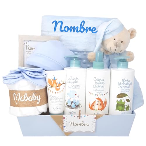 Mababyshop, Canastilla Regalo Bebé Personalizada Modelo Bubble Aldem con Manta Personalizada, Cesta Bebé con Set de Primera Puesta y Cosmética de Bebé (Azul)