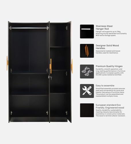 Image of Mintwud Pepperfry Engineered Wood Wardrobe with 3 Doors Storage and 1 Hanging Rod | Wooden Almirah Cupboard for Clothes Storage Organizer for Living Room Home Bedroom Furniture (Wenge Finish)