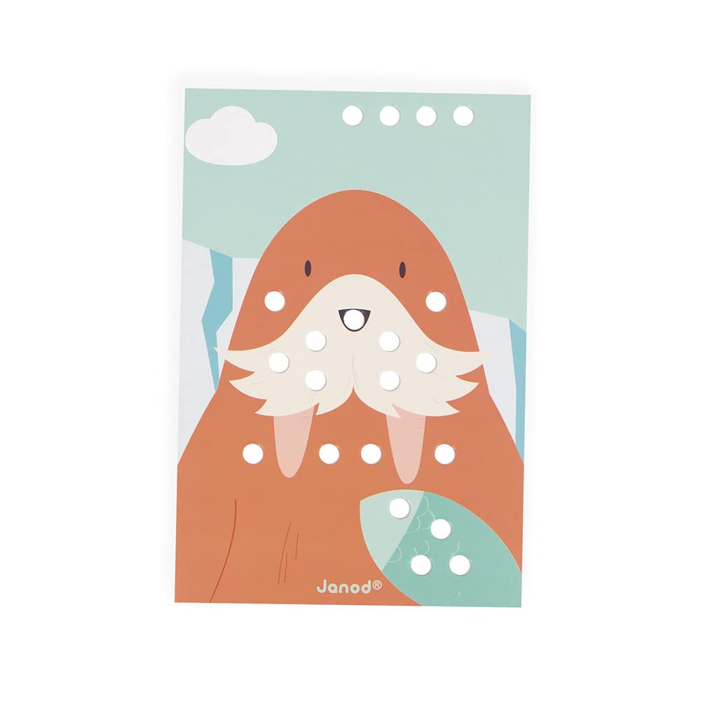 Janod - Mes Premières Mosaïques en Bois - Jouet d'Eveil - 7 Cartes Perforées et 70 Pions en Bois - Apprentissage des Couleurs et Motricité - Peinture à l'eau - Dès 3 Ans, J08278