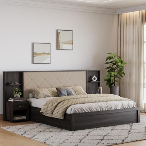 Image of Wakefit Bed | 3 Yr Warranty | King Size Bed, Storage Box & Beige Fabric Cushioned Upholstery Headboard, Density:680-750 kg /m, Termite & Borer Resistant, Fits Mattresses Up to 8 inches(Noctis78x72-WM)