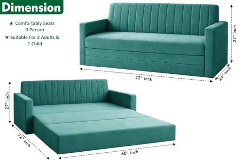 Image of Sofa-Cum-Bed | 3-Seater Foladable Couch with Armrest | Modern Fabric Sofa Bed for Living Room, Bedroom & Office-Green-Color