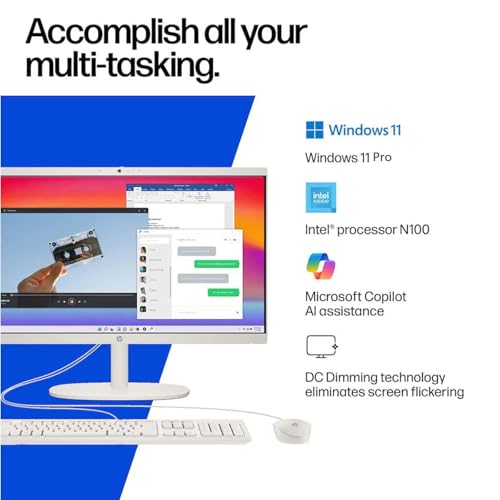 Image of HP 21.5 inch All-in-One Desktop Computer, Quad-Core Intel N100, Intel UHD Graphics, Business Desktop, 8GB DDR5 RAM | 128GB UFS, WiFi 6, Copilot AI, RJ45, Windows 11 Pro w /KB & Mouse - Cashmere White