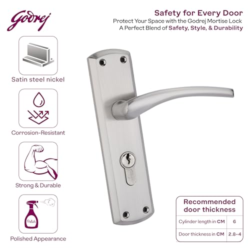 Image of Godrej Mortise Lock | BM 01 Handle Lock Set | 200mm Lockbody | Europrofile Cylinder 60mm Knob from Inside | for Home & Office | Satin Steel Finish | 3 Keys | Double-Throw Deadbolt | 1 Year Warranty