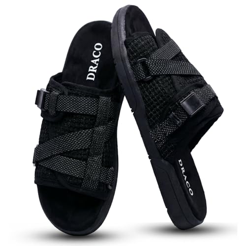 Image of Draco DracoSlides Reflective Slides for Men and Women, Wrapped in Reflective 3M with Adjustable Straps for Wide /Narrow Feet, Sandals with Arch Support & Slip Resistant, Men & Women Footwear, Black