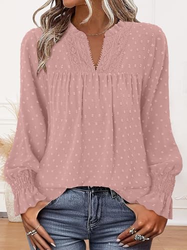 BETTE BOUTIK Women Boho Long Sleeve Shirts Dressy Casual V Neck Fall Fashion Tops Swiss Dot Flowy Blouses