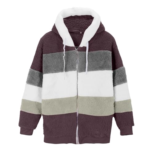 Women 2025 Winter Fleece Fuzzy Jacket Hooded Color Block Shaggy Trendy Warm Cardigan Coats Outerwear with Pockets3