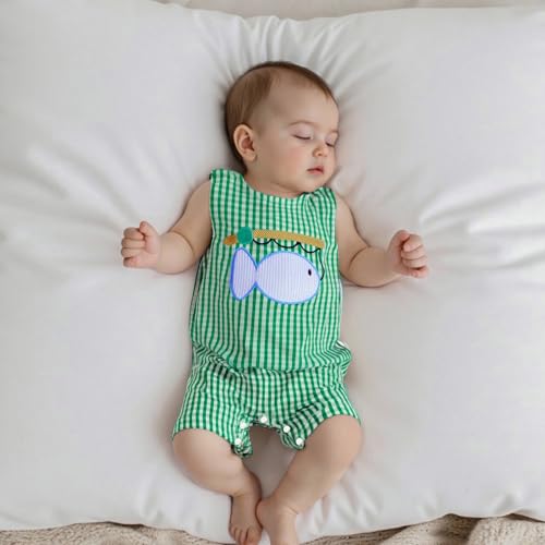 Newborn Baby Boy Fishing Outfit Fish Romper Sleeveless Overalls Plaid Shortalls Jumpsuit Infant Summer Clothes2