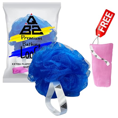 Image of QBZ Large Bath Loofah Sponge Scrubber Exfoliator for High Lather Cleansing (BLUE, 1 Count (Loofah Pauch& Loofah))