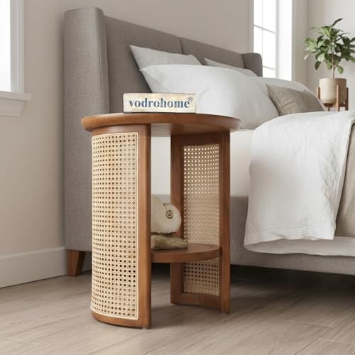 Image of Charcoal Rattan Cane Side Table with Glass top - Bohemian Solid Mango Wood Cane Iron Sofa Side end Table - Wood and Cane Nesting Table S#047 (Honey 4)
