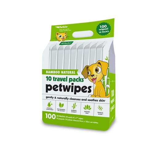 Petkin Pet Wipes Travel Pack - Gently & Naturally Cleanses and Soothes Skin | Bamboo Extract | Vanilla Sent- Super Convenient, Ideal for Home or Travel- 100pcs (10 Packs)